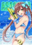  1girl absurdres alternate_costume asagumo_(kancolle) bare_shoulders bikini blue_eyes bow breasts brown_hair character_name green_eyes hair_between_eyes highres himura_moritaka holding holding_water_gun kantai_collection long_hair looking_at_viewer navel polka_dot polka_dot_bow side-tie_bikini_bottom small_breasts solo swimsuit thigh_strap twintails twitter_username very_long_hair water_gun 