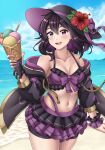  1girl :d absurdres alternate_costume alternate_hair_length alternate_hairstyle bare_shoulders bikini bikini_shorts bikini_skirt black_bikini black_coat black_hair black_headwear blush bow breasts cleavage coat collarbone cowboy_shot fire_emblem fire_emblem_awakening fire_emblem_heroes flower food frilled_bikini frills front-tie_top hat hibiscus highres holding holding_food ice_cream ice_cream_cone looking_at_viewer medium_hair miniskirt morgan_(fire_emblem) morgan_(fire_emblem)_(female) nao_(dualbloodlines) navel ocean off_shoulder open_clothes open_coat open_mouth purple_bikini purple_bow purple_eyes shorts skirt smile solo sun_hat swimsuit 