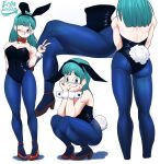  1girl animal_ears ass back bare_shoulders blue_pantyhose blush bulma crossed_legs dragon_ball dragon_ball_(classic) echo_saber full_body high_heels highres looking_at_viewer one_eye_closed pantyhose playboy_bunny rabbit_ears rabbit_tail red_footwear simple_background solo squatting tail v white_background wrist_cuffs 
