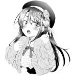  1girl aran_sweater beret blush bow bowtie breasts center_frills cropped_torso embarrassed frilled_shirt frilled_shirt_collar frills greyscale hat high-waist_skirt hololive kurose_kousuke large_breasts long_hair long_sleeves looking_at_viewer monochrome oozora_subaru shirt skirt solo sweatdrop sweater underbust virtual_youtuber 