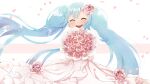  1girl :d absurdres bangs blue_hair blush bouquet closed_eyes commentary dress dress_flower falling_petals flower hair_flower hair_ornament hatsune_miku highres holding holding_bouquet holding_flower long_hair open_mouth oyama0_43 petals rose smile solo twintails very_long_hair vocaloid wedding wedding_dress wind 