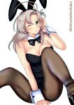 1girl absurdres animal_ears bare_shoulders black_bow black_bowtie black_leotard bow bowtie breasts cleavage closed_mouth detached_collar fake_animal_ears fishnet_pantyhose fishnets highres himura_moritaka kantai_collection kinugasa_(kancolle) leotard looking_at_viewer medium_breasts medium_hair on_ground one_eye_closed pantyhose pink_hair playboy_bunny simple_background smile solo twitter_username white_background wrist_cuffs 