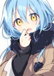  1other bangs blue_hair hair_between_eyes long_hair long_sleeves name_(oiuio) open_mouth rimuru_tempest solo tensei_shitara_slime_datta_ken upper_body white_background yellow_eyes 