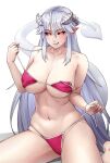  1girl :q bare_shoulders bikini black_sclera breasts collarbone colored_sclera commentary demon_girl demon_tail english_commentary horns large_breasts lilim_(monster_girl_encyclopedia) long_hair maritan_(pixelmaritan) monster_girl_encyclopedia naughty_face navel orange_eyes pointy_ears red_bikini sidelocks simple_background sitting smile solo strap_slip string_bikini swimsuit tail tongue tongue_out very_long_hair white_background white_hair 
