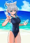  1girl absurdres animal_ear_fluff animal_ears bangs beach black_one-piece_swimsuit blue_archive blue_eyes blue_sky bottle breasts cloud competition_swimsuit covered_navel cross_hair_ornament day extra_ears grey_hair hair_ornament halo highres horizon looking_at_viewer low_ponytail medium_breasts medium_hair mismatched_pupils multicolored_clothes multicolored_swimsuit ocean one-piece_swimsuit outdoors sen_(central_9029) shiroko_(blue_archive) shiroko_(swimsuit)_(blue_archive) sky smile solo swimsuit 