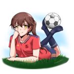  1girl 504th_joint_fighter_wing_(emblem) adidas angela_salas_larrazabal artist_name ball blue_shorts blue_socks blush brown_eyes brown_hair crossed_ankles grass head_rest kuni-kun light_smile lying no_shoes on_stomach red_shirt shirt short_hair shorts soccer_ball soccer_uniform socks solo sportswear strike_witches:_kurenai_no_majo-tachi the_pose twitter_username white_background world_witches_series yellow_eyes 