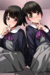  2girls absurdres ascot bangs black_hair black_shirt blush brown_eyes closed_mouth finger_to_mouth grey_skirt highres indoors long_sleeves looking_at_viewer matsunaga_kouyou multiple_girls original ponytail purple_ascot school_uniform shirt short_hair sitting skirt 