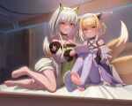  2girls absurdres animal_ear_fluff animal_ears arknights barefoot bed_sheet black_gloves blonde_hair blue_hairband blurry blurry_background blush cat_ears chinese_commentary clenched_teeth closed_mouth commentary_request dress earpiece feet fox_ears fox_girl fox_tail gloves green_dress green_eyes grey_hair hair_rings hairband highres holding indoors kal&#039;tsit_(arknights) leaning_to_the_side legs legs_together long_hair looking_at_viewer multiple_girls multiple_tails off-shoulder_dress off-shoulder_jacket off_shoulder pantyhose purple_pantyhose shadow shiny shiny_skin sitting soles stirrup_legwear suzuran_(arknights) taichi_suzuki tail teeth thighs toeless_legwear toes torn_clothes torn_legwear white_gloves 