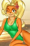  activision anthro beach big_breasts blonde_hair breasts buffbumblebee clothing coco_bandicoot crash_bandicoot_(series) female fur green_eyes hair hi_res lipstick long_hair looking_at_viewer makeup one_eye_closed orange_body orange_fur ponytail seaside smile solo swimwear video_games wink 