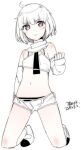  1girl ahoge dated detached_sleeves ejami full_body greyscale looking_at_viewer monochrome navel original panties short_hair short_shorts shorts signature simple_background solo striped striped_panties underwear white_background 