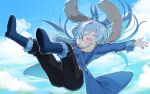  1other bangs blue_coat blue_hair boots coat floating floating_hair full_body fur-trimmed_sleeves fur_trim hair_between_eyes highres long_hair long_sleeves name_(oiuio) pants rimuru_tempest sky smile solo tensei_shitara_slime_datta_ken yellow_eyes 