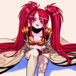  1girl belt breasts cleavage closed_mouth feet_out_of_frame gloves highres lipstick long_hair looking_at_viewer makeup medium_breasts midriff nanaly_fletch navel red_eyes red_hair simple_background sitting smile solo tales_of_(series) tales_of_destiny_2 thighhighs twintails umix0207 