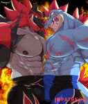  2022 abs anthro anthro_on_anthro anthrofied barazoku biceps big_bulge big_muscles black_background bodily_fluids bottomwear bulge bulge_frottage clenched_teeth clothed clothing detailed_bulge duel duo erection erection_under_clothing eye_contact feraligatr fight fire fur generation_2_pokemon generation_7_pokemon hi_res huge_muscles incineroar looking_at_another male male/male muscular muscular_anthro muscular_male navel nekogaki0324 nintendo nipples obliques open_mouth open_smile patreon pecs pokemon pokemon_(species) pokemorph saliva saliva_string scales scar sharp_teeth shorts signature simple_background smile standing teeth tongue tongue_out topless topless_anthro topless_male tuft video_games 