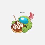  1other among_us artist_name commentary food food_on_head grey_background highres impostor_(among_us) lime_(among_us) object_on_head romaji_text signature simple_background solo suction_cups symbol-only_commentary takoyaki tenmiyakiyo tentacles toothpick 