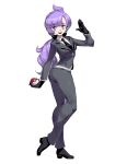  1girl anabel_(pokemon) ass black_footwear black_gloves black_necktie formal full_body genzoman gloves high_heels necktie photoshop_(medium) poke_ball poke_ball_(basic) pokemon pokemon_(game) pokemon_sm ponytail purple_eyes purple_hair revision smile solo standing suit twisted_torso 