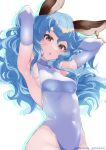  1girl :o absurdres animal_ears armpits arms_behind_head bare_shoulders blue_hair blue_leotard blush breasts closed_mouth covered_navel covered_nipples detached_sleeves ear_piercing elbow_gloves erune ferry_(granblue_fantasy) gloves granblue_fantasy groin hand_in_own_hair highleg highres inuinuo_gataken leotard long_hair looking_at_viewer open_mouth piercing presenting presenting_armpit sand shaded_face sideboob simple_background skin_tight skindentation smile solo twitter_username white_background yellow_eyes 