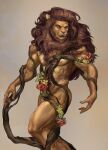  2021 abs anthro beard biceps body_hair chest_tuft claws eyes_closed facial_hair felid flower grin hair happy_trail hi_res kingsguard_vn lion long_hair male mammal mane muscular muscular_anthro muscular_male neck_tuft nipples nude open_mouth pantherine pecs plant pubes restrained rose_(flower) simple_background smile solo standing thebigslick tuft veiny_muscles vine_bondage vines 