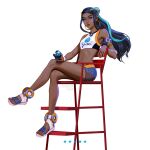  1girl armband armlet bike_shorts blue_eyes blue_hair breasts chair crop_top crossed_legs dark-skinned_female dark_skin dive_ball earrings hair_bun highres holding holding_poke_ball hoop_earrings jewelry lifeguard_chair long_hair long_legs medertaab midriff multicolored_hair navel nessa_(pokemon) nose poke_ball pokemon pokemon_(game) pokemon_swsh realistic revision sandals single_hair_bun sitting small_breasts solo streaked_hair toes toned twitter_username two-tone_hair very_dark_skin white_background 