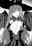  1girl bangs bare_shoulders bat_wings belt breasts cleavage collarbone dress elbow_gloves fairy_knight_tristan_(fate) fate/grand_order fate_(series) gloves greyscale hat highres hirunagi large_breasts long_hair looking_at_viewer monochrome open_mouth pointy_ears sidelocks wings witch_hat 