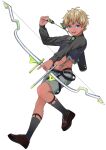  arrow_(projectile) bishounen black_shirt black_socks blonde_hair blue_eyes bow_(weapon) brown_footwear dark-skinned_male dark_elf dark_skin elf full_body highres holding holding_bow_(weapon) holding_weapon indie_virtual_youtuber kneehighs looking_at_viewer male_focus midriff natori_sosie navel open_mouth pointy_ears quiver shirt short_hair shorts smile socks solo sosienatori virtual_youtuber weapon 