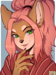  anthro bangs blush canid canine claws female finger_to_mouth fox green_eyes hair hi_res lips long_hair looking_at_viewer male mammal open_mouth parted_bangs pink_hair ponytail smile solo ziffir 