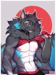  abs anthro black_hair blue_eyes blue_hair brown_eyes canid canine canis clothed clothing clothing_lift hair heterochromia hi_res male mammal mouth_closed muscular muscular_anthro muscular_male navel nipples pecs shirt shirt_lift short_hair smile solo tongue tongue_out topwear wolf ziffir 