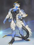  2021 4_arms abs anthro claws dragon featureless_crotch frown hi_res horn looking_at_viewer male mouth_closed multi_arm multi_limb muscular muscular_anthro muscular_male narrowed_eyes pecs simple_background solo standing thebigslick white_body white_eyes 