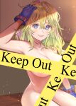  1girl absurdres blonde_hair blue_eyes boku_no_hero_academia breasts caution_tape commentary completely_nude couch gloves green_hair hagakure_tooru hand_on_own_head highres keep_out large_breasts long_hair looking_at_viewer medium_hair messy_hair nude open_mouth sitting smile solo zudko 