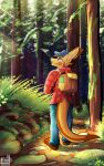  2022 anthro backpack barefoot big_tail blue_bottomwear blue_clothing blue_pants bottomwear clothing digitigrade feet forest foxinuhhbox hi_res kangaroo macropod male mammal marsupial pants pattern_clothing pattern_topwear plaid plaid_clothing plaid_topwear plant plantigrade red_clothing red_topwear scenery smile solo topwear tree watermark year 