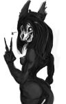  anthro black_body black_fur black_hair bone canid canine female fur gesture hair looking_at_viewer mammal scp-1471 scp_foundation skull solo undead v_sign yamagah 