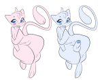  anthro blue_body blue_eyes blue_fur blush covering covering_breasts erection female fur generation_1_pokemon genitals legendary_pokemon looking_at_viewer male mew nintendo nude penis pink_body pink_fur pokemon pokemon_(species) pussy simple_background slb smile video_games white_background 