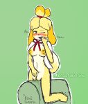  2022 absurd_res animal_crossing anthro areola blush bodily_fluids breasts canid canine canis clothing digital_drawing_(artwork) digital_media_(artwork) domestic_dog english_text fangs female fur genital_fluids genitals green_eyes grinding hair hi_res isabelle_(animal_crossing) mammal masturbation nintendo nipples notsafeforvee nude one_eye_closed open_mouth pillow pillow_humping pussy pussy_juice shih_tzu signature simple_background solo text toy_dog vaginal vaginal_masturbation video_games yellow_body yellow_fur 