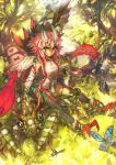  1girl arthropod_girl arthropod_limbs bug butterfly commentary_request day detached_sleeves fingerless_gloves forest giant_insect gloves green_eyes highres horns long_sleeves looking_at_viewer melon22 monster_girl nature original pink_hair praying_mantis sitting smile 