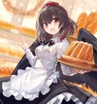  1girl :d alternate_costume apron baguette bakery bird_wings black_ribbon black_skirt black_wings bread brown_hair buttons chef_uniform collared_shirt commentary_request feathered_wings food frilled_apron frilled_skirt frills fuepo hair_between_eyes hat highres long_sleeves neck_ribbon open_mouth patissier plate pointing red_eyes red_headwear revision ribbon shameimaru_aya shirt shop short_hair skirt smile solo tassel tokin_hat touhou upper_body waist_apron white_apron white_shirt wings 