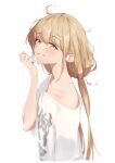  1girl absurdres ahoge blush collarbone futaba_anzu grin highres idolmaster idolmaster_cinderella_girls idolmaster_cinderella_girls_starlight_stage light_brown_hair looking_at_viewer looking_to_the_side loose_clothes loose_shirt messy_hair sanpo_(sanpo_1027) shirt simple_background smile solo twintails upper_body white_background white_shirt 