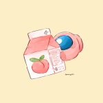  1other among_us commentary copyright_name english_text food fruit highres holding_carton leaf milk_carton mini_crewmate_(among_us) peach rose_(among_us) simple_background solo symbol-only_commentary tenmiyakiyo yellow_background 