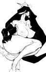  anthro anus big_breasts black_and_white bovid breasts caprine cloak clothing female genitals goat hooves horn long_ears lying mammal monochrome nipples on_side pussy raised_tail simple_background solo thick_thighs white_background yamagah 