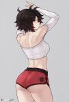  1girl ass black_hair bluefield breasts from_behind gradient_hair grey_eyes gym_shorts highres looking_at_viewer looking_back medium_breasts midriff multicolored_hair red_hair red_shorts ruby_rose rwby short_hair short_shorts shorts simple_background solo sports_bra sportswear standing thighs two-tone_hair 
