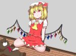  1girl against_wall ascot black_socks buttons collared_shirt flandre_scarlet frilled_sleeves frills full_body hair_between_eyes hat highres indoors kyanta5354 looking_at_viewer medium_hair mob_cap multicolored_wings no_shoes open_mouth puffy_short_sleeves puffy_sleeves red_eyes red_skirt red_vest shirt short_sleeves skirt skirt_set socks solo stuffed_animal stuffed_toy teddy_bear touhou vest white_headwear white_shirt wings wooden_floor yellow_ascot 