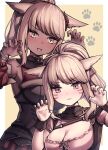  :3 animal_ears avatar_(ff14) bangs blonde_hair breasts cat_ears claw_pose cleavage cleavage_cutout clothing_cutout dark-skinned_female dark_skin detached_sleeves fang final_fantasy final_fantasy_xiv highres long_hair looking_at_viewer medium_breasts miqo&#039;te open_mouth ponytail red_eyes rot_lapin slit_pupils upper_body yellow_eyes 