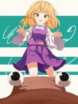  1girl absurdres ar_(maeus) blonde_hair blush brown_headwear fang hair_ribbon hat highres long_sleeves moriya_suwako open_mouth purple_skirt purple_vest pyonta red_ribbon ribbon shirt short_hair skin_fang skirt solo touhou tress_ribbon vest white_shirt wide_sleeves yellow_eyes 