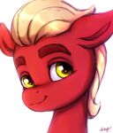  bust_portrait buttersprinkle digital_media_(artwork) earth_pony equid equine eyebrows feral green_eyes hasbro hi_res horse looking_away male mammal mane mlp_g5 my_little_pony pony portrait red_body signature simple_background smile solo sprout_cloverleaf_(mlp) tan_mane thick_eyebrows white_background 