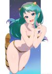  1girl absurdres animal_print bangs bare_shoulders bikini blue_eyes boots border breasts fang full_body green_hair highres horns inuinuo_gataken long_hair looking_at_viewer lum medium_breasts navel night night_sky oni oni_horns open_mouth pointy_ears sky smile solo star_(sky) stomach strapless swimsuit tiger_print urusei_yatsura white_border 