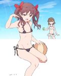  2girls ball beachball bikini black_bikini blue_sky breasts brown_eyes brown_hair can cloud dated day frilled_bikini frills hair_ornament highres medium_hair micro_bikini misaka_mikoto multiple_girls navel open_mouth polka_dot polka_dot_bikini red_ribbon ribbon shirai_kuroko side-tie_bikini_bottom sky small_breasts soda_can swimsuit takatisakana thighs toaru_kagaku_no_railgun toaru_majutsu_no_index twintails wavy_hair 