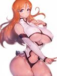  1girl adapted_costume arms_at_sides bangs black_panties bleach blush breasts cleavage collar crop_top detached_sleeves fumio_(rsqkr) hair_ornament highres huge_breasts inoue_orihime large_breasts lips looking_at_viewer navel orange_hair panties parted_bangs purple_background pursed_lips redesign sidelocks simple_background steam stomach sweat thong underboob underwear upper_body wide_hips wrist_cuffs 