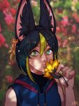  1boy alternate_eye_color animal_ears artist_name black_hair closed_mouth flower fox_boy fox_ears genshin_impact green_eyes green_hair holding holding_flower lips looking_at_viewer multicolored_eyes multicolored_hair red_eyes short_hair sleeveless smile solo streaked_hair tighnari_(genshin_impact) upper_body ziffir 