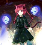  1girl :3 animal_ears bow braid cat_ears cat_tail hair_bow highres hitodama kaenbyou_rin light_smile looking_at_viewer multiple_tails nekomata red_eyes red_hair skull solo str11x tail touhou twin_braids 