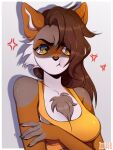  anthro big_breasts bra breasts brown_eyes brown_hair canid canine canis cleavage clothed clothing collarbone domestic_dog female hair hi_res long_hair looking_away mammal pouting pouting_lips solo sports_bra underwear upper_body ziffir 