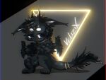  absurd_res alphyone7 anthro black_eyes chibi claws crown dragon eyebrows fluffy fluffy_tail fur furred_dragon furred_wings gold_(metal) gold_claws gold_jewelry hi_res horn jewelry male neon_sign sign solo text velizix_(birbeq) white_eyebrows 
