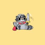  2022 anthro armor black_nose chibi grey_body happyraccoons headgear helmet hi_res knight mammal melee_weapon procyonid raccoon shield simple_background sitting solo sword tongue tongue_out warrior weapon 